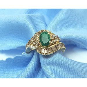 Unique 14K Solid Yellow Gold Designer Emerald, Round & Baguette Diamond Ring